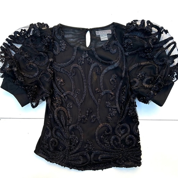 GRACIA Ribbon Blouse black with puff sleeves - Picture 5 of 10